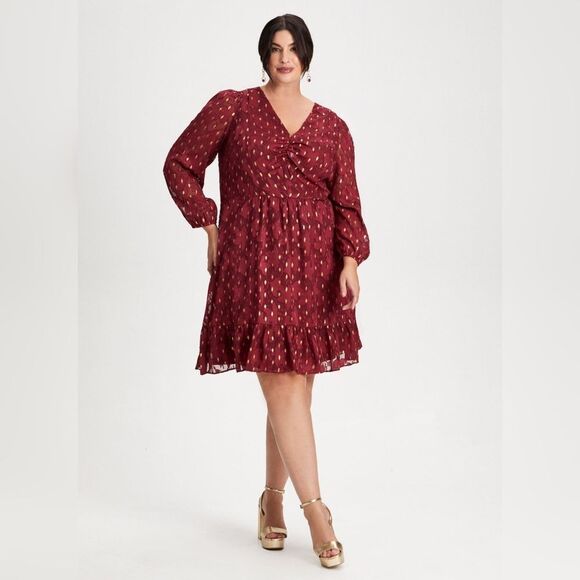 New With Tags London Times Size 18 V-neck Gold Foil Motif Fit & Flare Dress - Picture 4 of 17